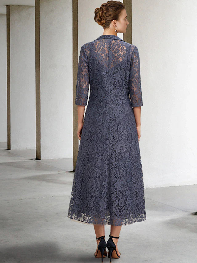 Wholesale A-Line Mother of the Bride Dress Elegant V Neck Tea Length Chiffon Lace Sleeveless Jacket Dresses with Tier Solid Color